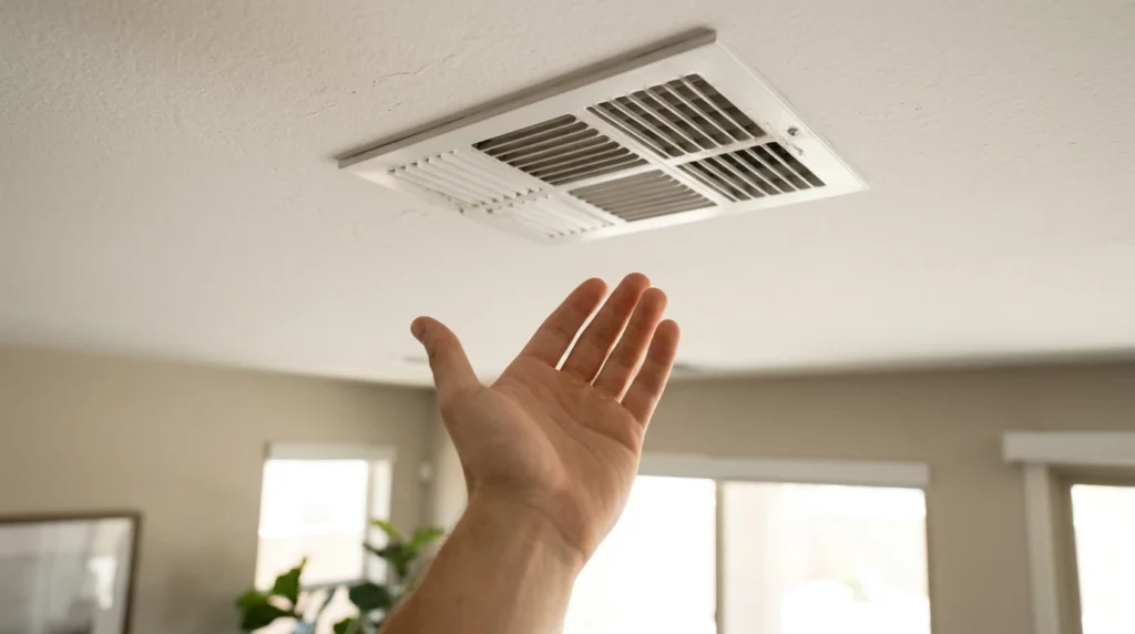 Warm air blowing from a ceiling AC vent in a Las Vegas home