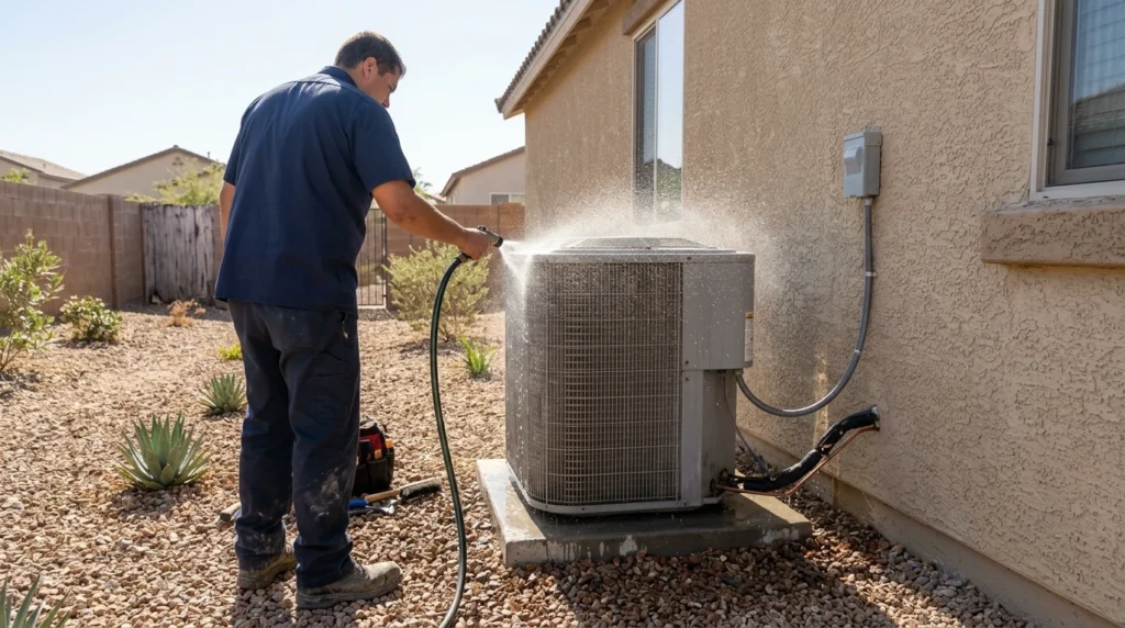 Technician cleaning AC condenser coils in Las Vegas