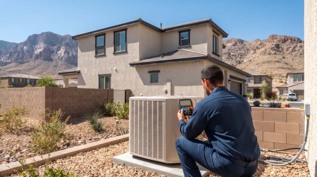 Technician checking refrigerant pressures on an AC unit at a Centennial Hills, NV home