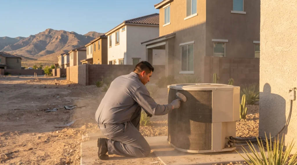 HVAC technician cleaning a dusty AC condenser coil at a new home in Enterprise, NV