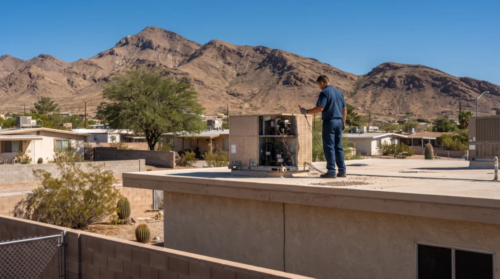 HVAC technician inspecting a rooftop package AC unit on a Sunrise Manor, NV home