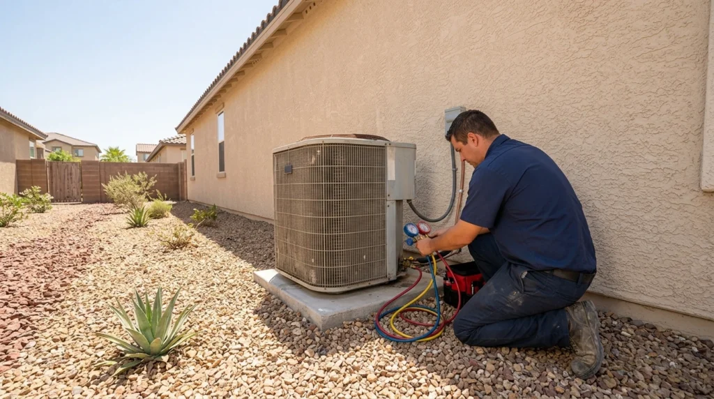 Technician repairing an AC unit in Las Vegas