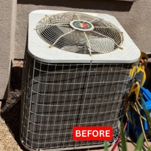 Aging AC condenser before replacement at a Las Vegas home