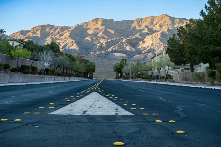 Residential street in Centennial Hills, northwest Las Vegas, leading toward the mountains