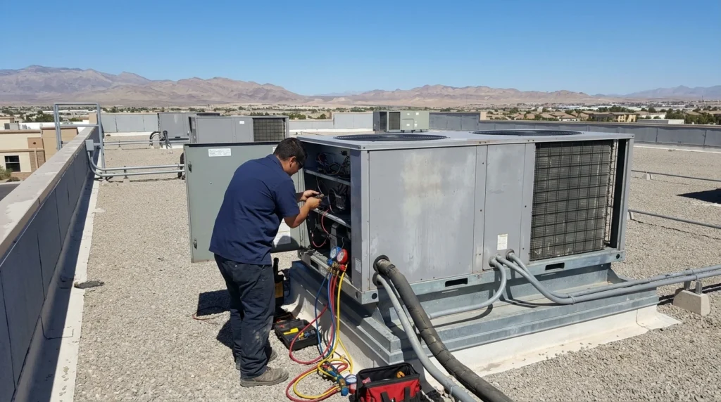 Technician servicing a commercial rooftop HVAC unit