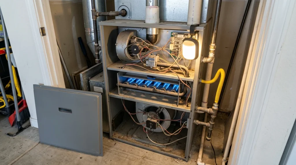Technician repairing a furnace in Las Vegas