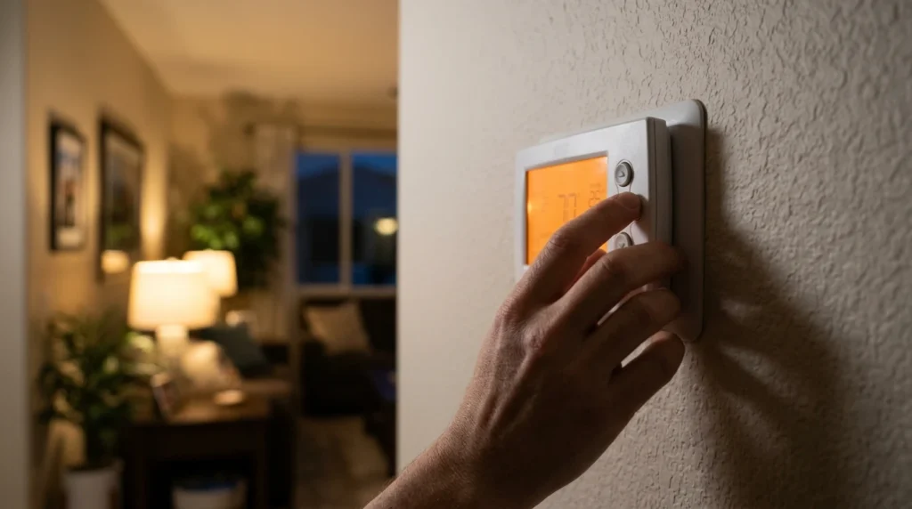 Technician testing a thermostat during heating repair