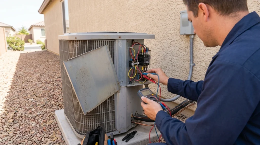 Technician checking HVAC wiring in Las Vegas
