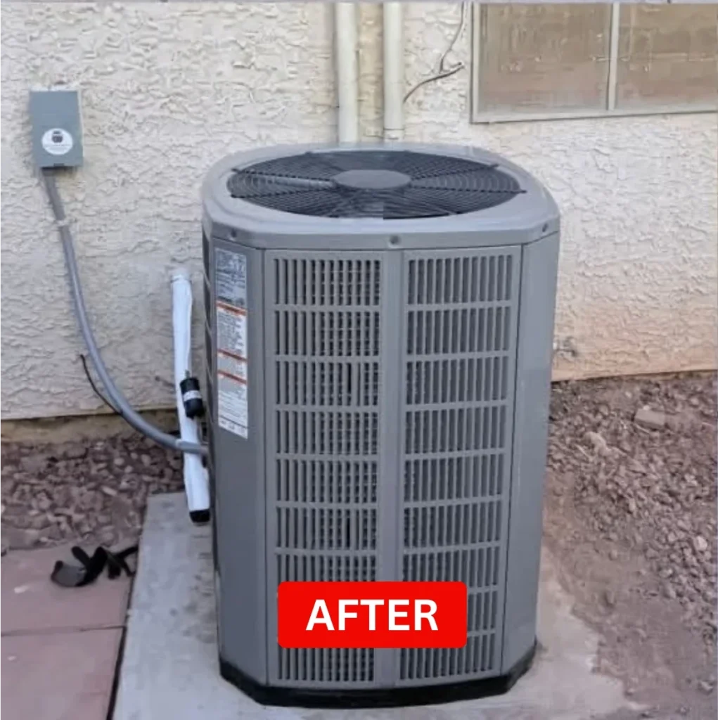 Clean AC condenser on a gravel pad outside a Las Vegas home