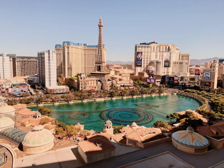 Bellagio fountains and Paris tower in Paradise, NV