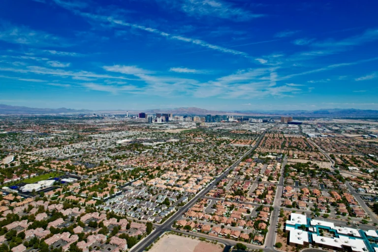 Aerial view of Spring Valley homes in Las Vegas, NV with the Strip on the horizon